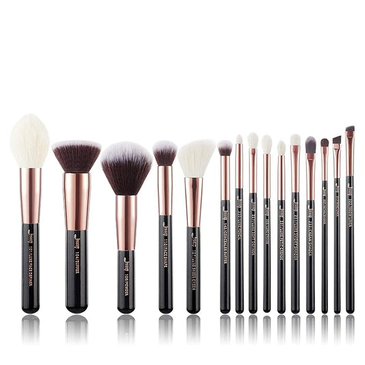 Jessup Makeup Brushes, Labeled Makeup Brush Set Premium Synthetic and Natural Hair Foundation Powder Concealer Eyeshadow Blending 15pcs Brush Kit, Rose Gold/Black T160-Velvo Beauty