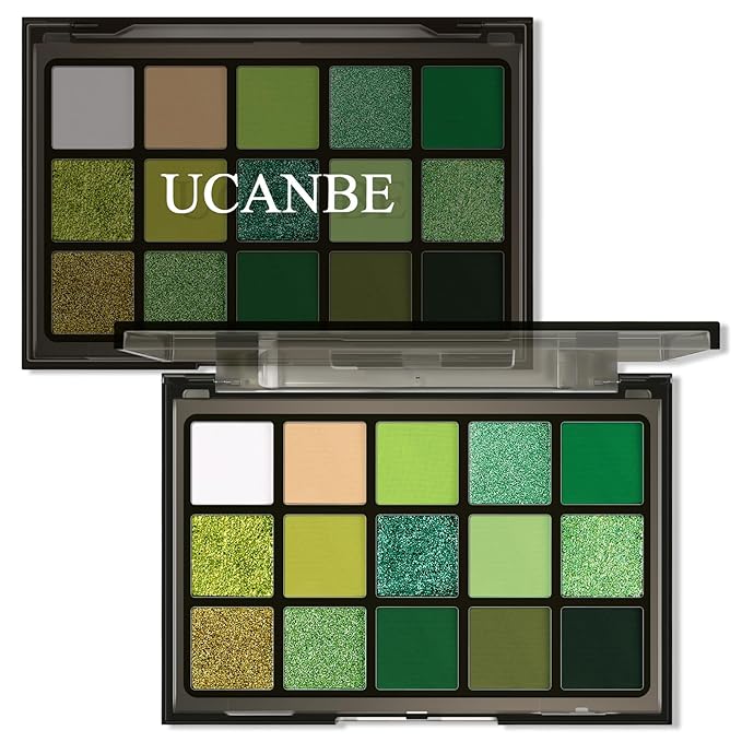 UCANBE Green Eyeshadow Makeup Palette, 15 Colors Bright Dark Green Shimmer Matte Metallic Glitter Eye Shadow, Forest Emerald Lime Pallet Kit for Cosplay Parties Christmas Halloween SFX-Velvo Beauty