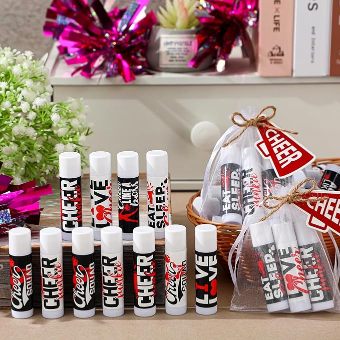 50 Sets Cheer Gifts Bulk 50 Cheer Lip Balm Bulk Moisturizing with 50 Organza Drawstring Gift Bags 50 Tags Cheerleader Gifts Cheer Gifts Bulk for Team (Red)-Velvo Beauty