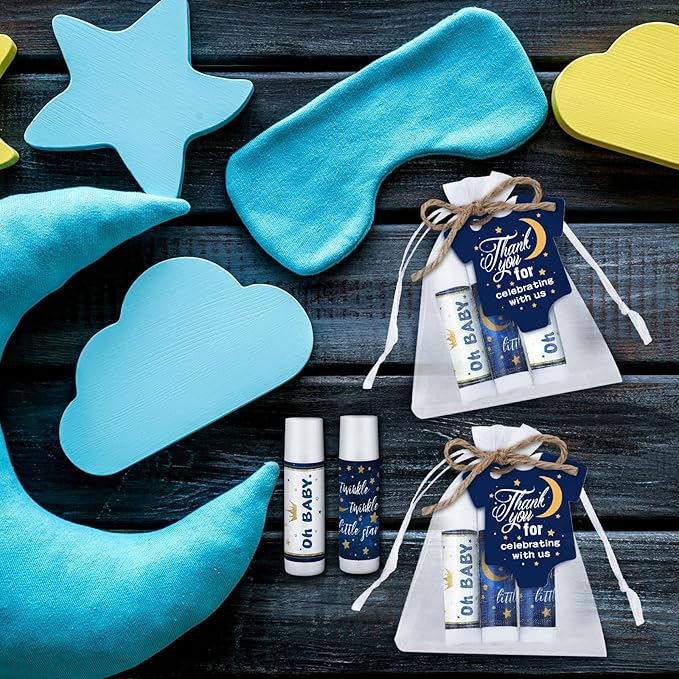 Demissle 50 Pcs Baby Shower Lip Balm Gift Set with 100 Pcs Organza Bags Baby Shower Party Favor for Guest Thank You Tag Rope Baby Shower Party Decoration Gender Reveal Souvenirs(Night)-Velvo Beauty