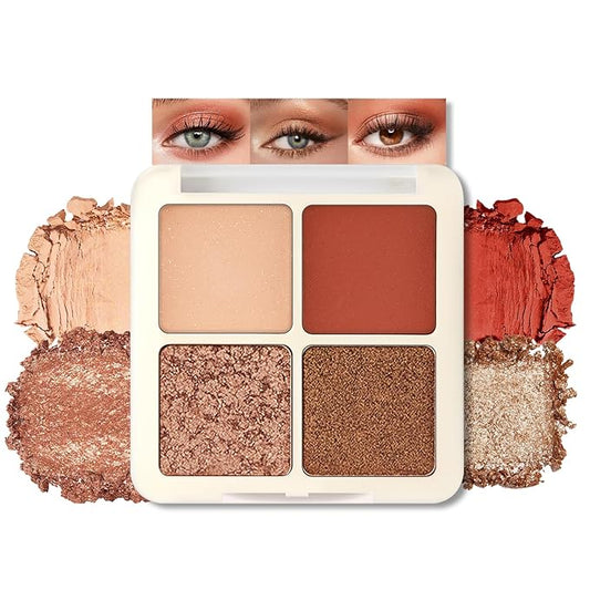 Erinde Quads Matte Eye Shadow Powder Makeup Palette, Nude Neutral Brown & Champagne Pink Shimmer Eyeshadow, Long Wearing Waterproof Everyday Eye Makeup, sombras de ojos, Maple Champagne-Velvo Beauty