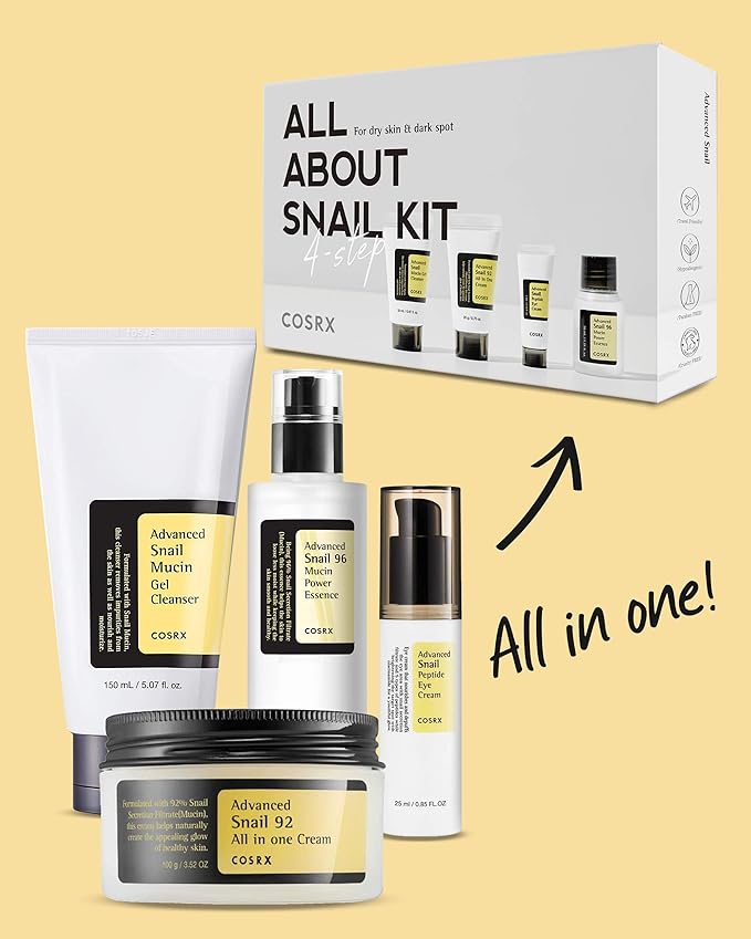 COSRX All About Snail Korean Skincare | TSA Approved Travel Size, Gift Set with Face Gel Cleanser, Essence, Cream & Eye-cream, Repairing, Recovering, Rejuvenating Kit with Snail Mucin, Korean Skincare-Velvo Beauty