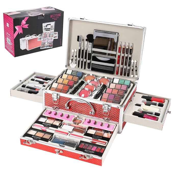 All in One Makeup Kit for Teens, 106 Pcs Professional Makeup Kit for Women Full Kit, Include Eyeshadow Palette, Lipstick Set, Concealer, Foundation, Lipgloss, Makeup Brush(Red)-Velvo Beauty