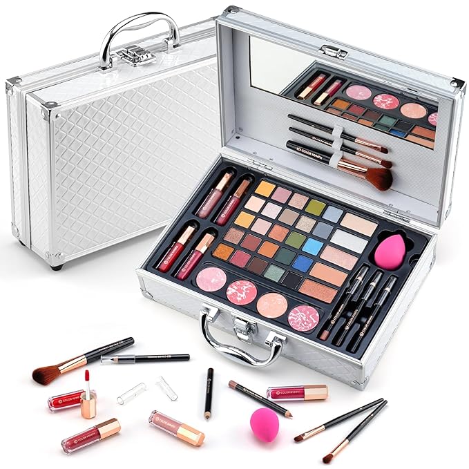Makeup Kit for Women,All in One Makeup Gift Set for Girls in Cosmetic Train Case (White) With Mirror,Full Starter Cosmetic Kit Includes Eyeshadow Palette,Lipgloss,Blushes-Velvo Beauty