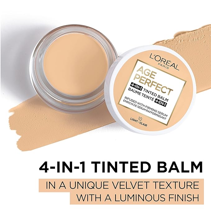 L'Oreal Paris Age Perfect 4-in-1 Tinted Face Balm Foundation with Firming Serum, Light 10, 0.61 Ounce-Velvo Beauty