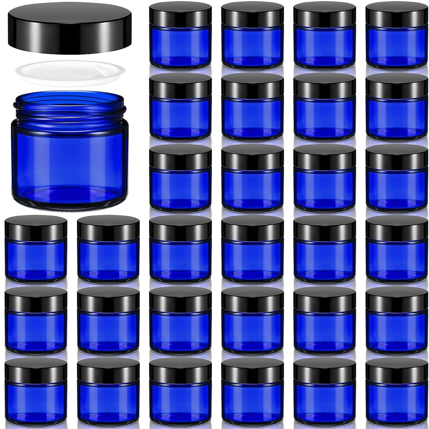 Domensi 32 Pcs 2 oz Glass Jars with Lids Travel Size Round Leakproof Empty Cosmetic Jars with Inner Liners Lid for Storing Makeup Lotions Face Cream Ointments Candle DIY Making (Cobalt Blue)-Velvo Beauty