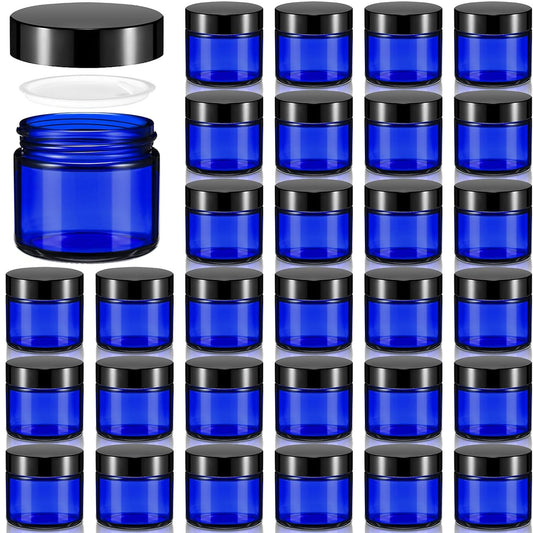 Domensi 32 Pcs 2 oz Glass Jars with Lids Travel Size Round Leakproof Empty Cosmetic Jars with Inner Liners Lid for Storing Makeup Lotions Face Cream Ointments Candle DIY Making (Cobalt Blue)-Velvo Beauty