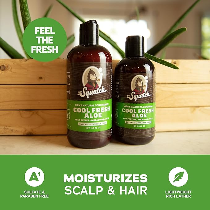 Dr. Squatch Natural Hair Bundle for Men - Healthy, Full Looking Hair - Cool Fresh Aloe Shampoo (8 fl oz), Cool Fresh Aloe Conditioner (11.5 fl oz)-Velvo Beauty