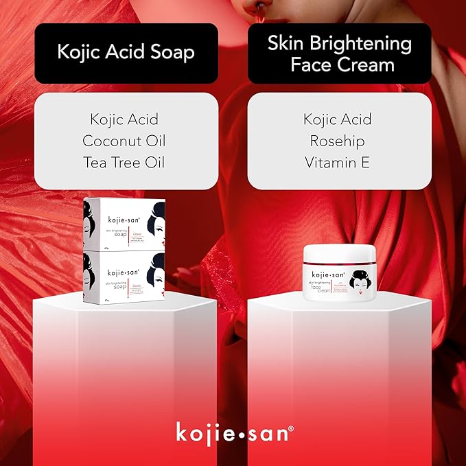 Kojie San Skincare Bundle - Facial Brightening Set with 2 Bars of Kojic Acid Soap, Face Cream & Exfoliating Face Brush-Velvo Beauty