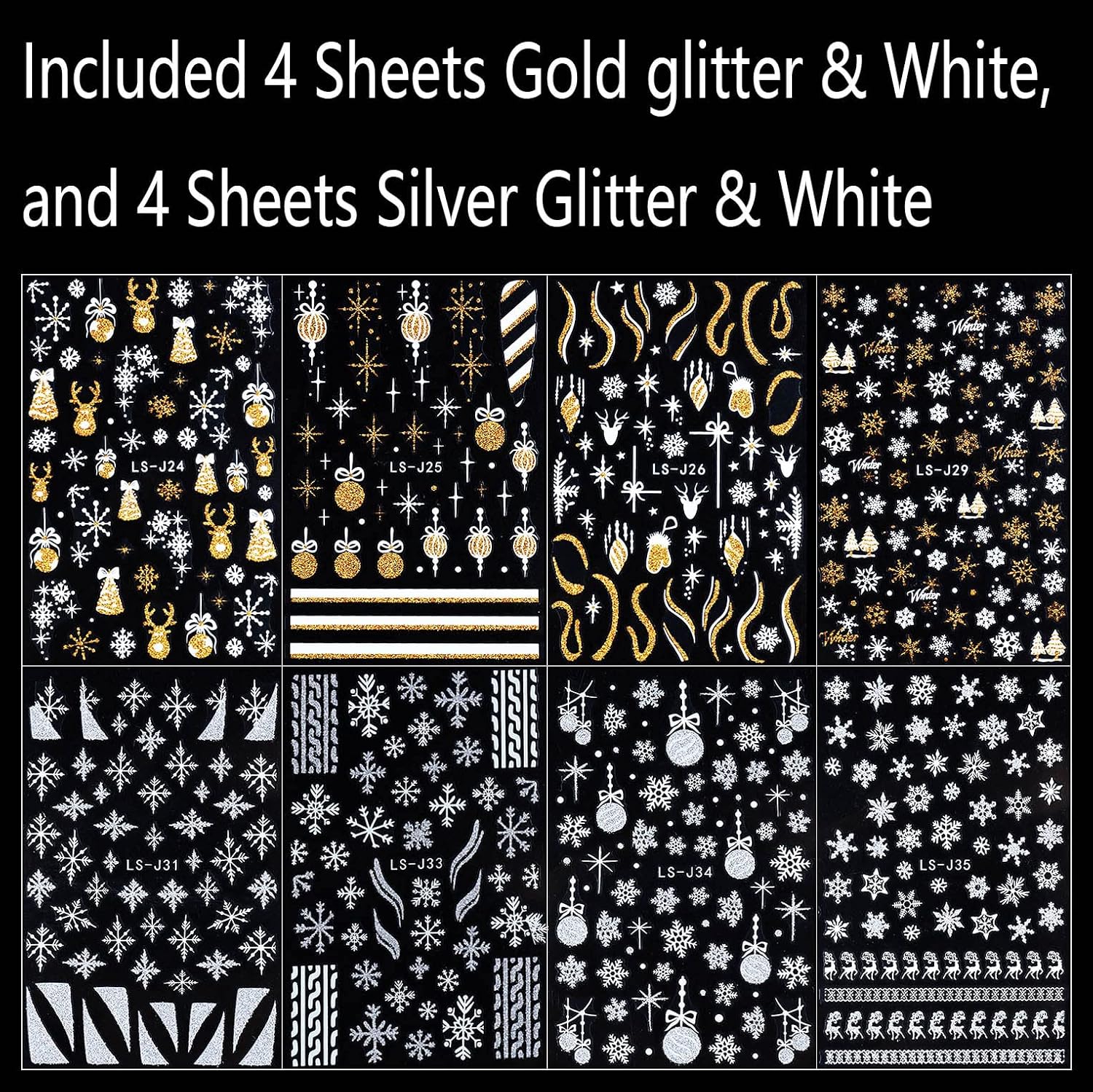 8 Sheets Christmas Glitter Nail Art Stickers Decals Self-Adhesive Pegatinas Uñas Holiday Gold Silver Reindeer Line Snowflake Nail Supplies Nail Art Design Decoration Accessories-Velvo Beauty
