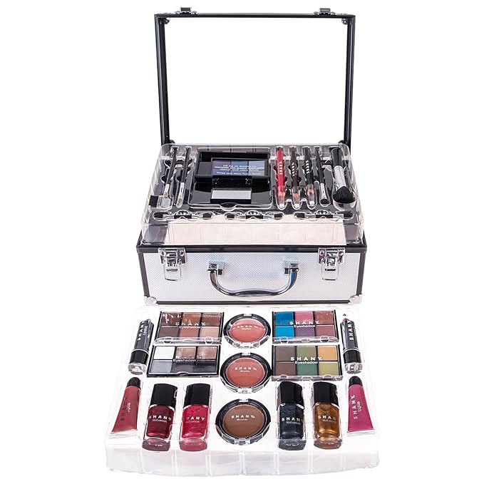SHANY Carry All Trunk Makeup Train Case with Re-usable Aluminum Makeup Storage Case. Non Toxic Color Make up Set with Eye palettes, Blushes,Makeup Powders, Manicure, Pedicure and Makeup Brushes.-Velvo Beauty