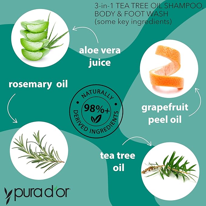 PURA D'OR 3-in-1 Tea Tree Shampoo, Body & Foot Wash, Shampoo (16oz x3 = 48oz) Total Body Care - Foot Odor & Daily Hygiene, Cleansing Routine, Post-Workout Refreshment - Soothes, Invigorates, Nourishes-Velvo Beauty