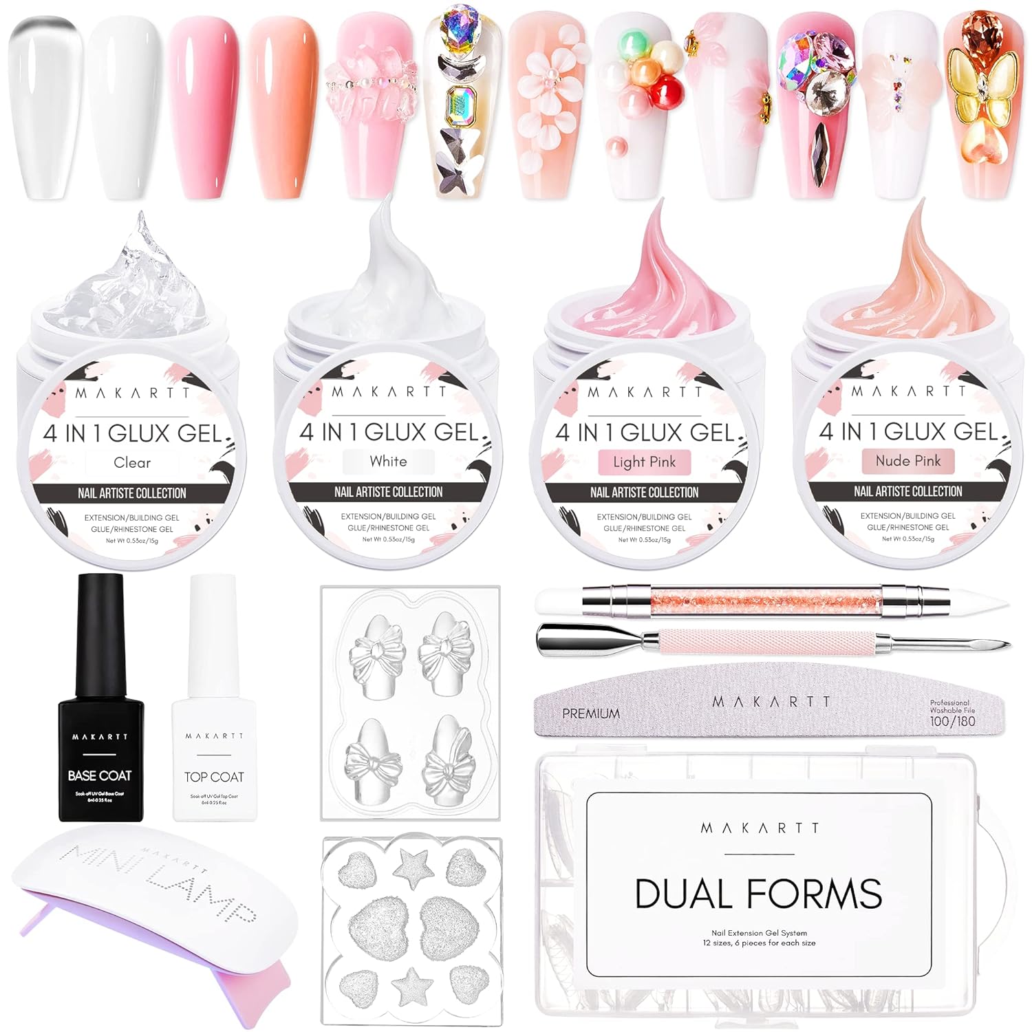 Makartt 3d Gel Nail Art Kit: Non-Stick-Hand Solid Gel Builder, All in One, Clear White Pink 4 Colors Base Top Coat UV LED Lamp File Dual Forms Picker Tool Cuticle Pusher Silicone Molds Sculpting Brush-Velvo Beauty