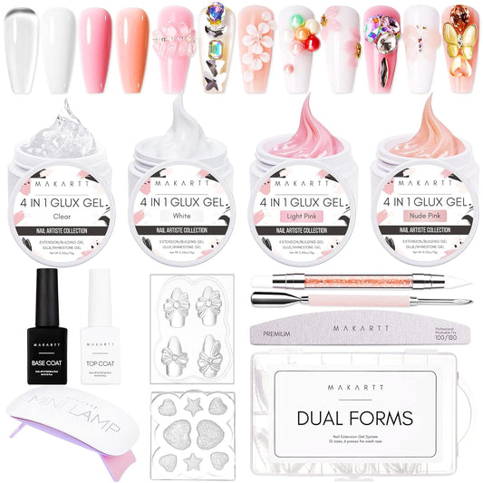 Makartt 3d Gel Nail Art Kit: Non-Stick-Hand Solid Gel Builder, All in One, Clear White Pink 4 Colors Base Top Coat UV LED Lamp File Dual Forms Picker Tool Cuticle Pusher Silicone Molds Sculpting Brush-Velvo Beauty