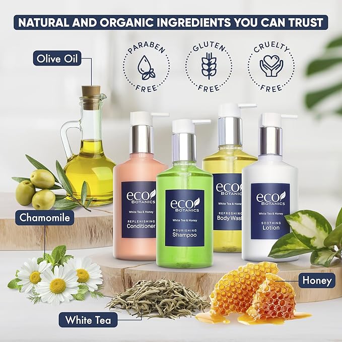 1-Shoppe Eco Botanics 20 Piece Ecobox All-In-Kit | White Tea and Honey Soap | 6 Shampoo, 4 Conditioner, 6 Body Wash & 4 Lotion | 10.14oz Hotel Soaps and Toiletries Bulk | Personal Care Products-Velvo Beauty