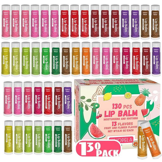 130 Pack Natural Lip Balm Bulk with Vitamin E and Coconut Oil - Moisturizing, Soothing, and Repairing Dry and Chapped Lips - 13 Flavors - Non-GMO 0.15 Oz-Velvo Beauty