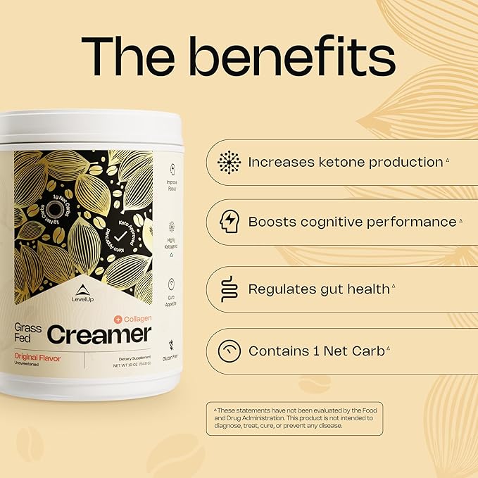 LevelUp Creamer, with Energizing MCT Oil and Collagen Peptides, Keto Coffee Creamer, Supports Natural Energy & Ketone Production - Original (Unsweetened) 19 oz-Velvo Beauty