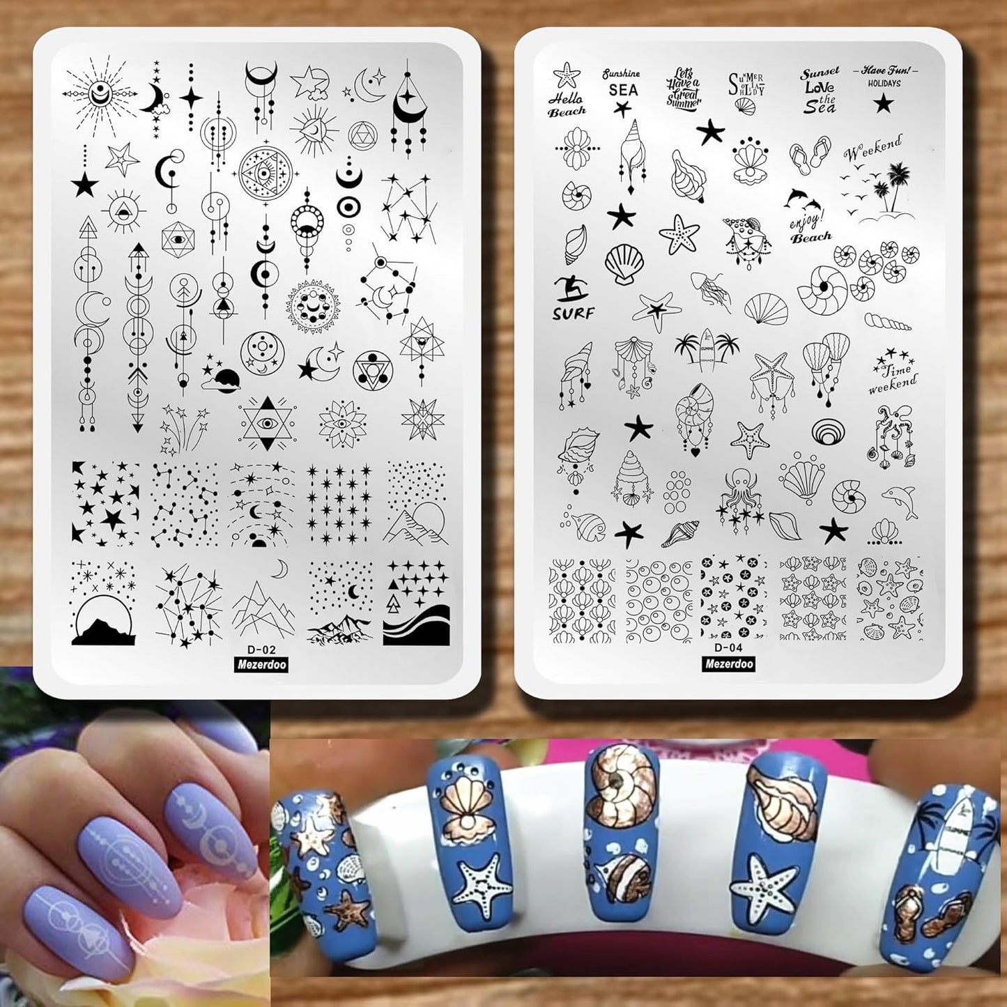 2pcs Sun Moon Star Nail Plates Stamping Set Sea Shell Pattern Stamp Templates Geometry Flowers Nail Art Stamper Plates for DIY Print Manicure Salon Design Gift Supplies 9.5x14.5CM-Velvo Beauty