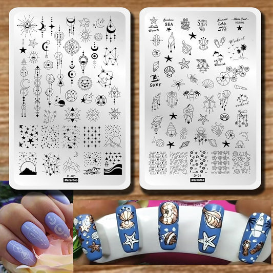 2pcs Sun Moon Star Nail Plates Stamping Set Sea Shell Pattern Stamp Templates Geometry Flowers Nail Art Stamper Plates for DIY Print Manicure Salon Design Gift Supplies 9.5x14.5CM-Velvo Beauty