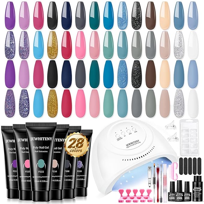 JEWHITENY 28 Colors Poly Nail Gel Kit with Base Top Coat Purple Blue Yellow Nude Pink Glitter Shades Quick-Dry for Beginners DIY Need U V Lamp Curing-Velvo Beauty