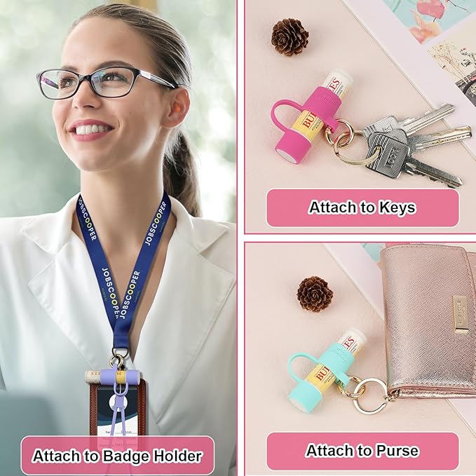 Desing Wish 2 PCS Silicone Lip Balm Holder with Cap Cover Portable Chapstick Holder Keychain Sleeve Lip Balm Key Chain with Key Ring and Wrist Strap Lanyard - Pink/Purple-Velvo Beauty