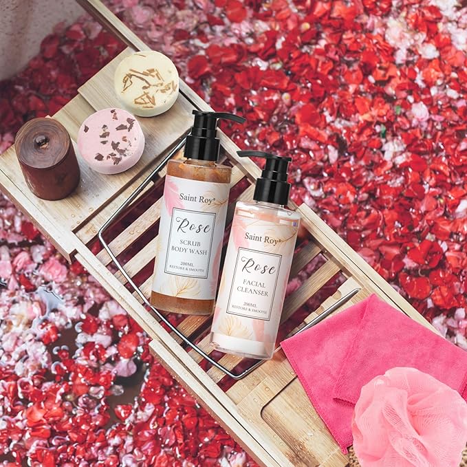 Spa Gifts for Women，10pcs Self Care Kit ROSE Scented with Facial Cleanser, Scrub Body Wash, Facial Clay Mask, Facial, Essential Oil, Birthday Gifts Skin Care Set, Mothers Day Gifts Ideas-Velvo Beauty