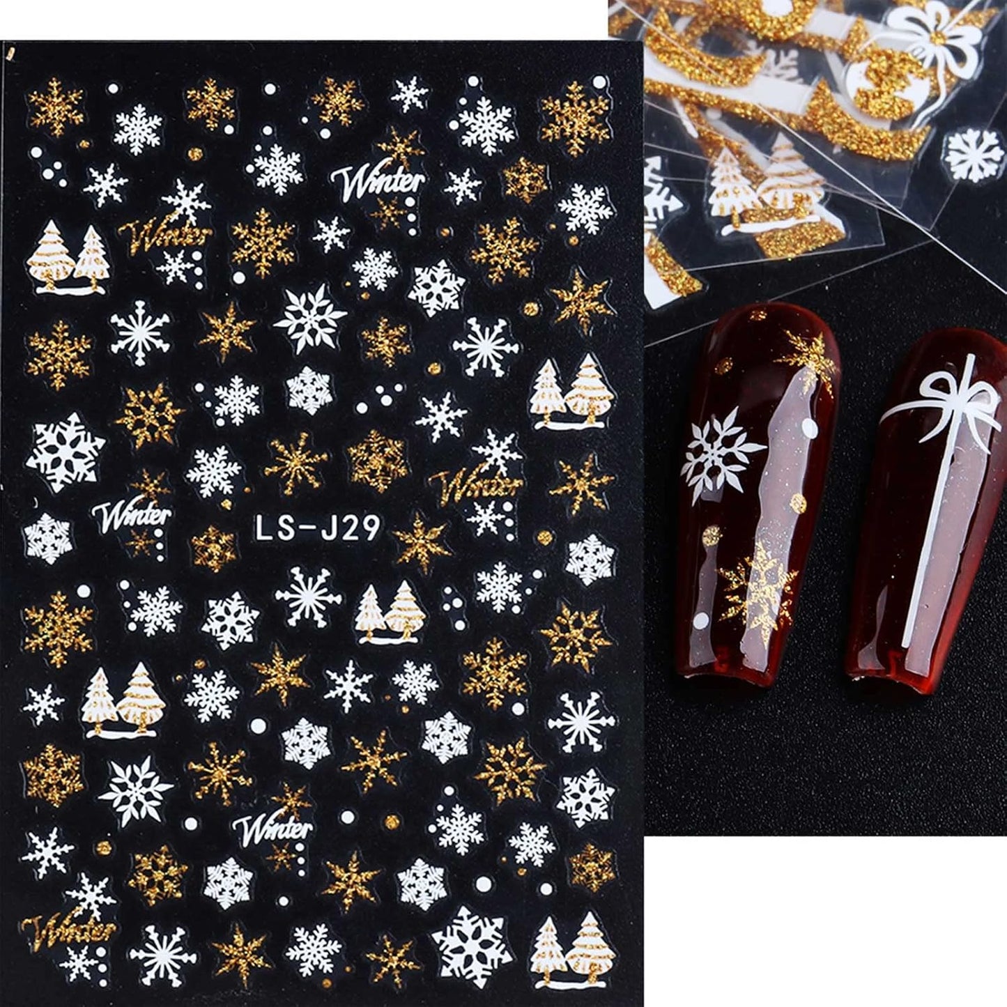 8 Sheets Glitter Christmas Nail Art Stickers Decals Self-Adhesive Holiday Gold Snowman Snowflake Winter Nail Supplies Nail Art Design Decoration Accessories-Velvo Beauty