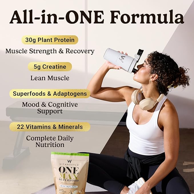 VitaHustle ONE Max Protein Powder, 30g Plant Protein + 5g Creatine, All-in-One Meal Replacement Shake with Greens, Adaptogens, Ashwagandha, Probiotics & Vitamins – Vanilla Ice Cream, 15 Servings-Velvo Beauty