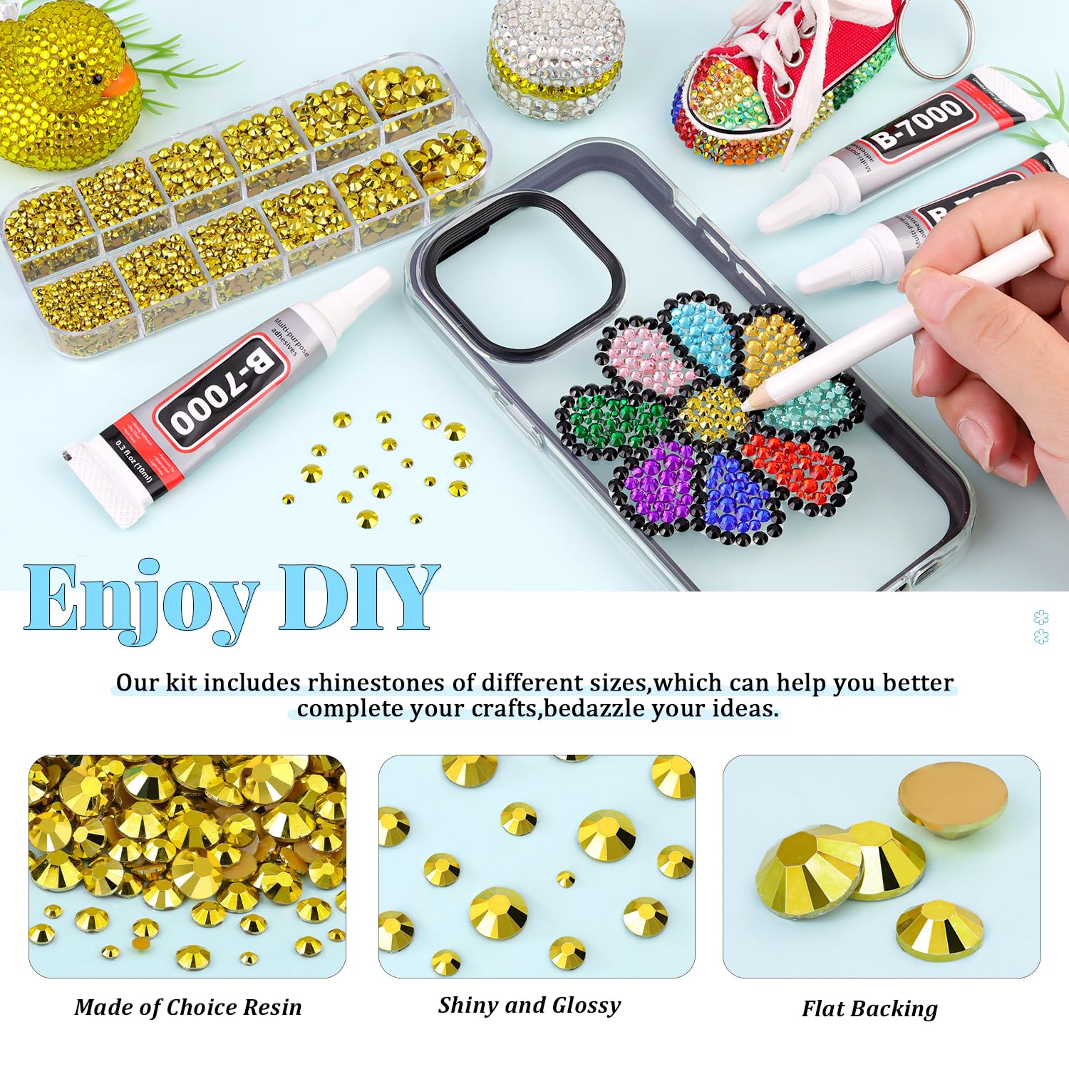 6000Pcs Resin Rhinestones for Bedazzling with 3Pcs B7000 Jewelry Glue, 1 Box Bright Gold Flatback Rhinestones for Crafting Crafts DIY, Crystals Gems for Clothing Shoes Tumblers Nail Art Makeup-Velvo Beauty