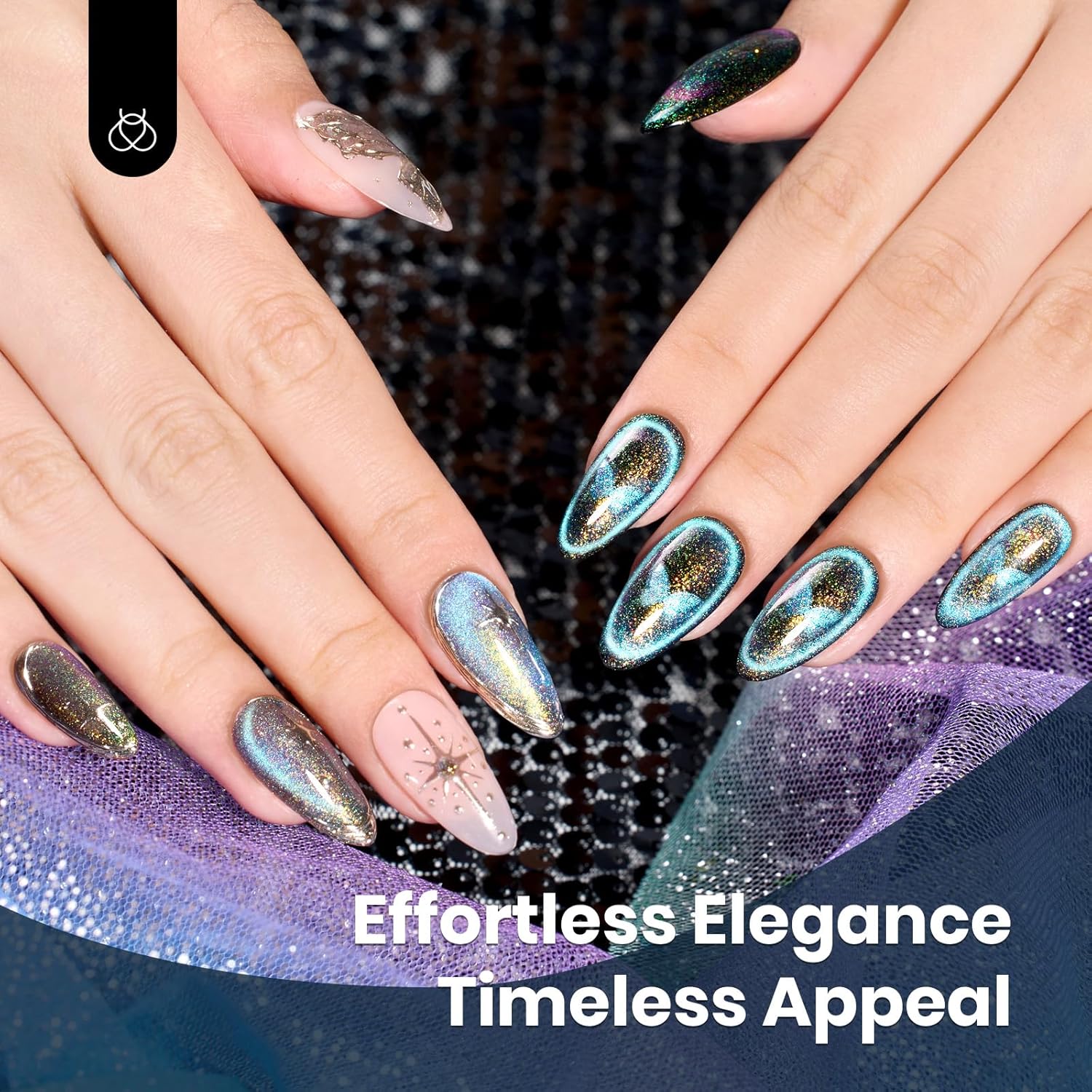 Beetles Cat Eye Gel Polish, 15ML Blue Purple Cat Eye 9D Holographic Glitter Magnetic Gel Nail Polish Rainbow Color Soak Off UV Mermaid Tears Series French Nail Art Manicure Gift for Women-Velvo Beauty