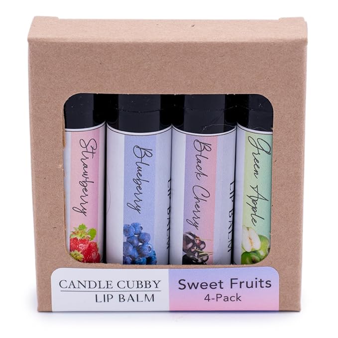 Lip Balm Sweet Fruits 4-Pack, Strawberry Blueberry Black Cherry Green Apple, Natural Beeswax, Moisturizing Lip Treatment, 4 Tubes, 0.15 oz., White-Velvo Beauty