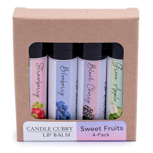 Lip Balm Sweet Fruits 4-Pack, Strawberry Blueberry Black Cherry Green Apple, Natural Beeswax, Moisturizing Lip Treatment, 4 Tubes, 0.15 oz., White-Velvo Beauty