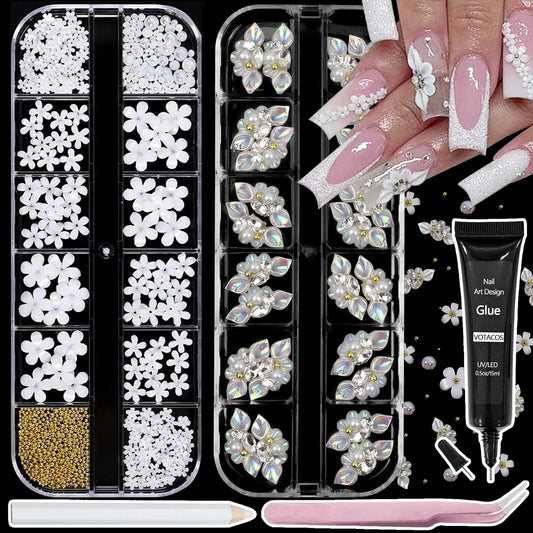 Nail Art Charms with Rhinestones Glue Gel White Flatback Pearls Luxurious Nail Charms Supplies Accessories Gold Steel Ball Nails Gems Jewelry Pearls for Women Nails Design-Velvo Beauty