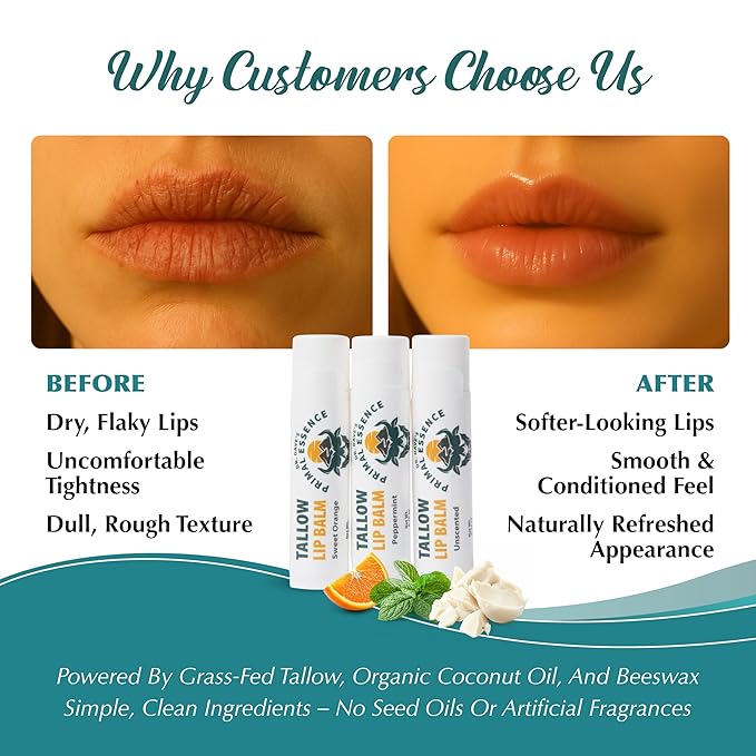 Moisturizing Tallow Lip Balm – Grass-Fed Beef Tallow with Organic Coconut Oil, Beeswax, and Vitamin E – Lip Balm Set – Variety Pack – Travel Essential – 3-Pack-Velvo Beauty