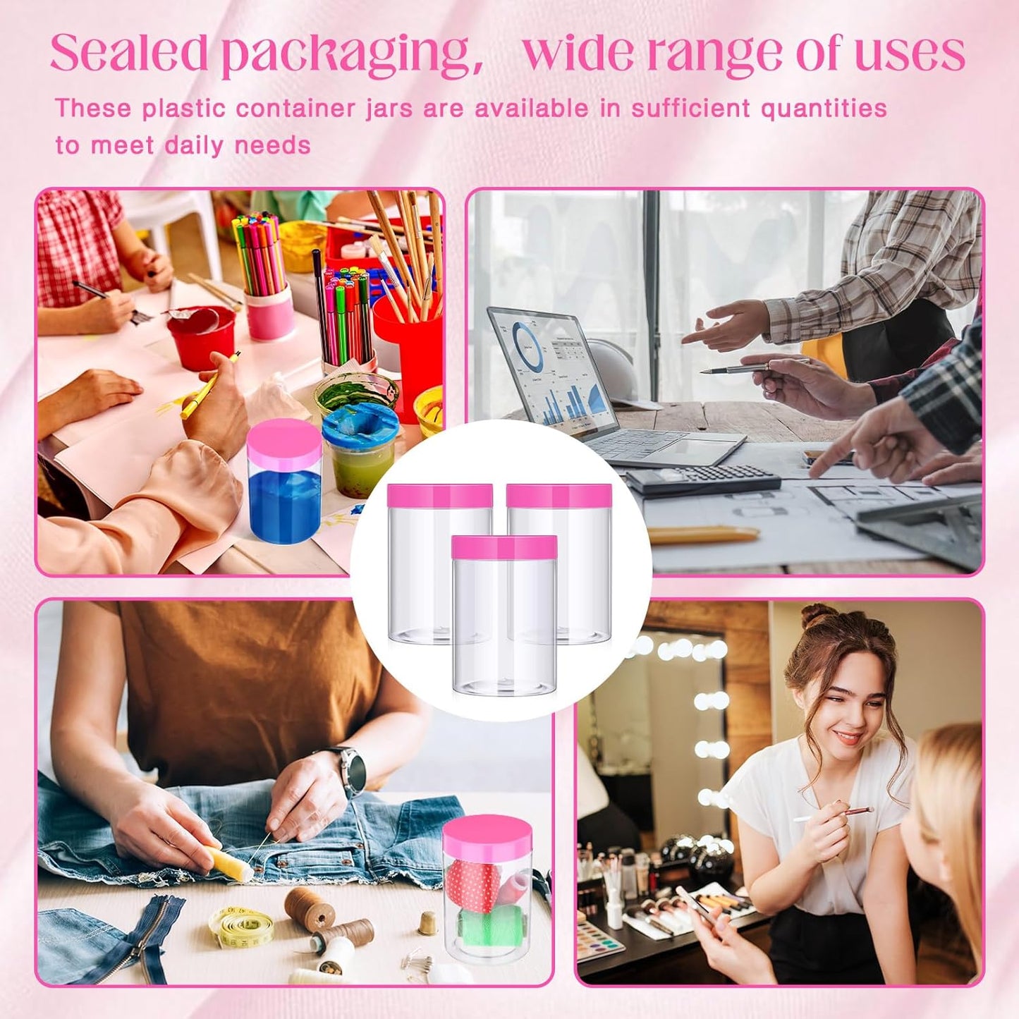 SATINIOR 100 Pcs Plastic Jars with Lids Small Containers Lids Wide Mouth Small Plastic Containers for Lotion Cream Rhinestones Body Butters Travel Storage(10 oz, Pink)-Velvo Beauty