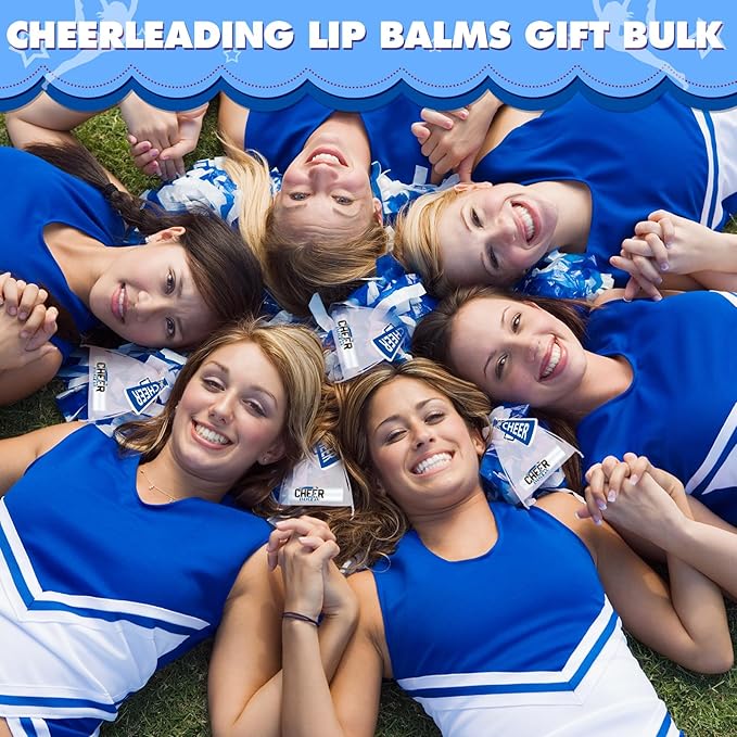 50 Sets Cheer Gifts Bulk 50 Cheer Lip Balm Bulk Moisturizing with 50 Organza Drawstring Gift Bags 50 Tags Cheerleader Gifts Cheer Gifts Bulk for Team (Blue)-Velvo Beauty