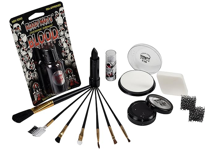 Scary Skeleton Makeup Kit By Bloody Mary - Professional Special Effects Face Makeup Supplies - FX Foundation, Black Blood Lipstick, Eye Shadow, Crayons, Brushes, Blood, Sponge & Case.-Velvo Beauty