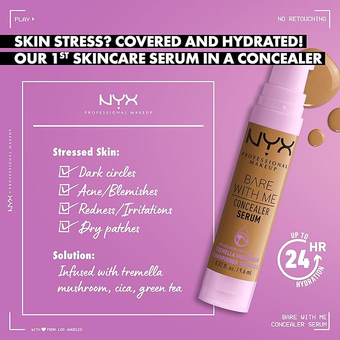 NYX PROFESSIONAL MAKEUP Bare With Me Concealer Serum, Up To 24Hr Hydration - Medium Golden-Velvo Beauty