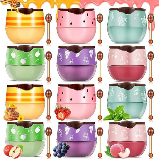 12 Pcs Bee Lip Balm Honey Pot with Brush Propolis Lip Mask Overnight, Moisturizing Hydrating Lip Sleeping Mask Prevention Dry and Cracked(Honey+Peach+Grape+Strawberry+Apple Lime+Mint)-Velvo Beauty