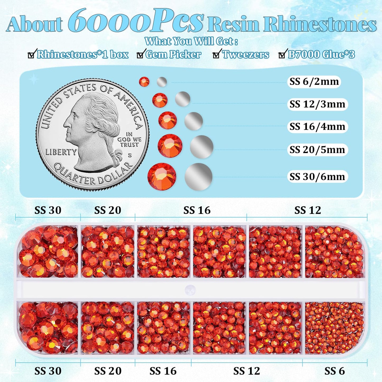 6000Pcs Resin Rhinestones for Bedazzling with 3Pcs B7000 Jewelry Glue, 1 Box Red Zircon Flatback Rhinestones for Crafting Crafts DIY, Crystals Gems for Clothing Shoes Tumblers Nail Art Makeup-Velvo Beauty