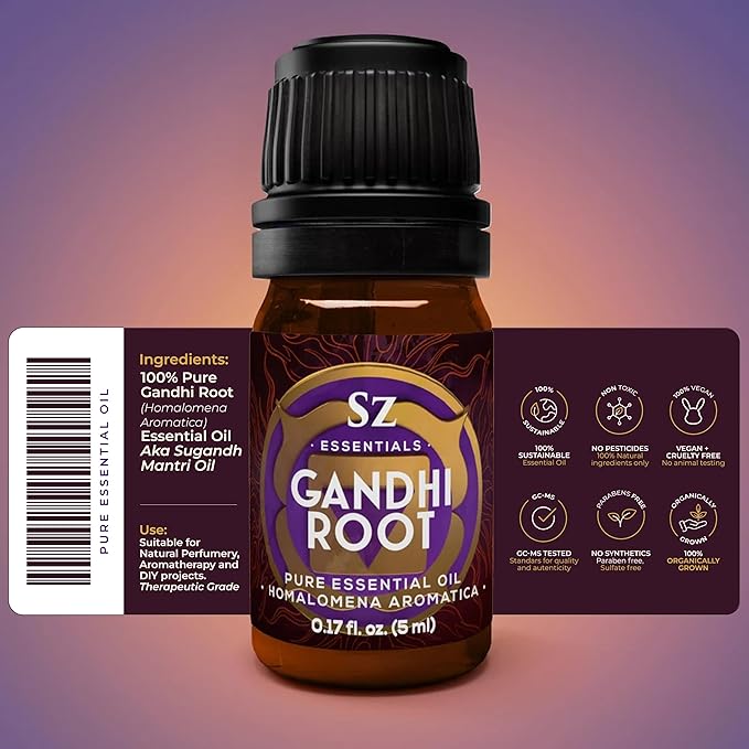 Gandhi Root Essential Oil, 100% Pure Sugandh Mantri Oil, Steam Distilled from Homalomena Aromatica - Sweet & Woody Scent w/Earthy Overtones - Therapeutic Grade & Vegan - 0.17oz (5ml)-Velvo Beauty