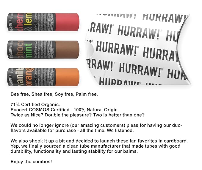 Hurraw! Cherry Lemon, Chocolate Mint & Vanilla Orange Lip Balm 3 Pack Bundle: Plastic-Free with new cardboard push-up tube. Certified Organic, Natural & Vegan. Bee, Shea, Soy & Palm Free. Made in USA-Velvo Beauty