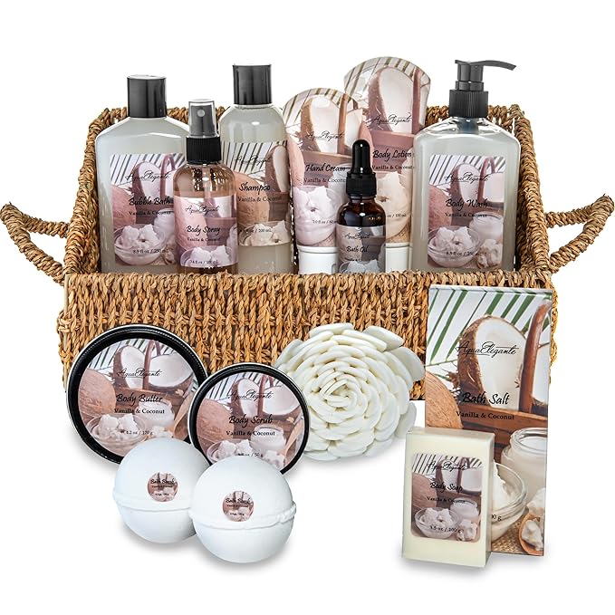 Bath Spa Gift Sets - Luxury Basket With Coconut & Vanilla - Spa Kit Includes Wash, Bubble Bath, Lotion, Bath Salts, Body Scrub, Shower Puff, Bathbombs, Soap in Wooden Basket-Velvo Beauty