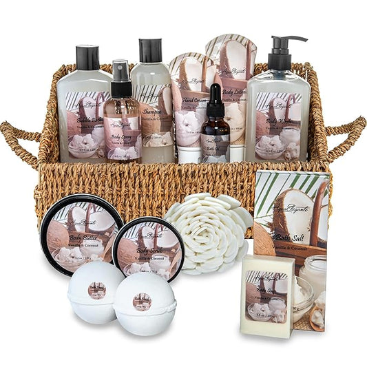 Bath Spa Gift Sets - Luxury Basket With Coconut & Vanilla - Spa Kit Includes Wash, Bubble Bath, Lotion, Bath Salts, Body Scrub, Shower Puff, Bathbombs, Soap in Wooden Basket-Velvo Beauty
