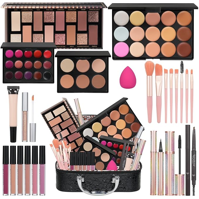 All In One Makeup Kit For Girls Gift, Makeup Kit For Women Full Kit Includes Sponge Eyeshadow Liquid Lipstick Concealer Eyeliner Eyebrow Makeup Bag-Velvo Beauty