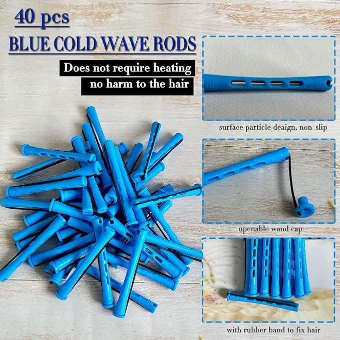 40pcs Perm Rods Set for Natural Hair Blue Plastic Cold Wave Rods Hair Curling Rollers with Steel Pintail Comb Rat Tail DIY Hairdressing Tools（40pcs Blue）-Velvo Beauty