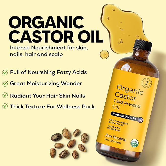 Zen Routine New (Glass Bottle) Organic Castor Oil 16oz – Hexane Free – Hair Growth Oil, Eye Lashes & Stomach, 100% Cold Pressed Unrefined Pure for Castor Pack Wrap – USDA Certified, Made in the USA-Velvo Beauty
