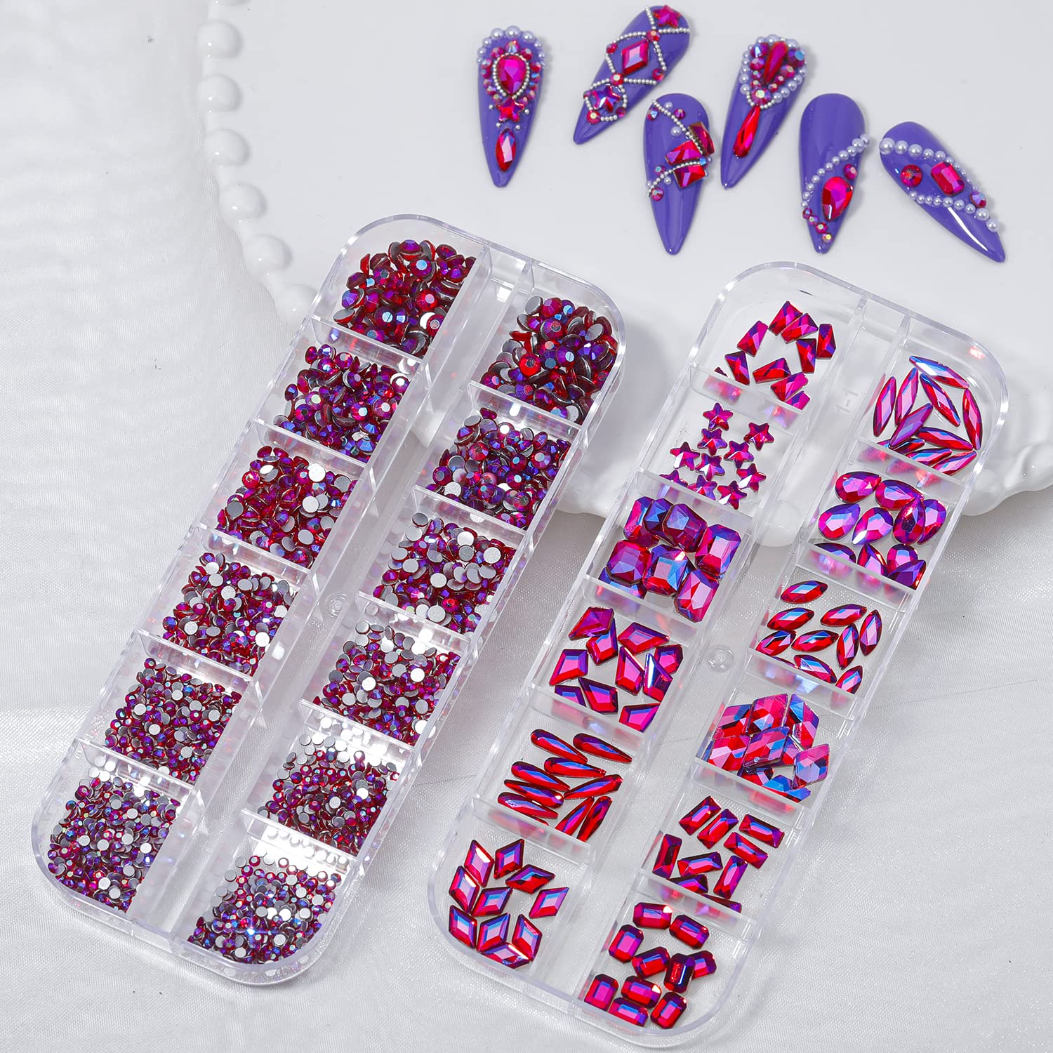 HNUIX Nail Rhinestones - 3D Multi Shape Size, Crystal AB Red Nail Gems, Flat Back, with Kit, for Nail Art, DIY Decorations-Velvo Beauty