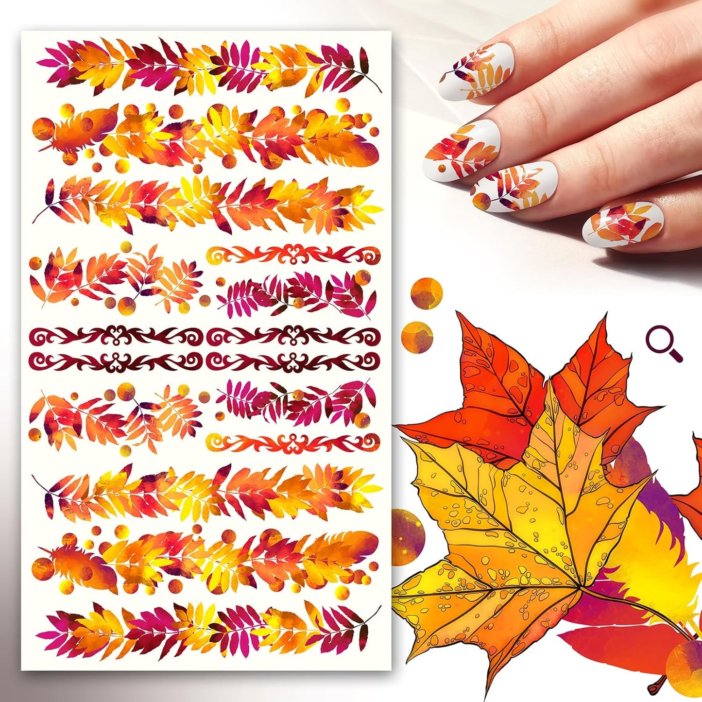 Nail Stickers Decals (5 Sheets) FLONZNAIL Autumn Bright Leaves Branches Pattern Strips Vintage Illustration Nail Décor-Velvo Beauty