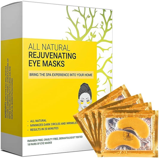 Under Eye Patches & Masks (18 Pairs) - All Natural Anti Aging Treatment for Bags, Puffiness, Wrinkles, & Dark Circles - 24K Gold, Collagen, Hyaluronic Acid, Hydrogel - Formulated in San Francisco-Velvo Beauty